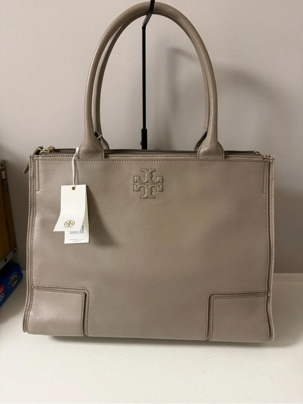 New With Tags Tory Burch Taupe Leather Double-Handle Tote